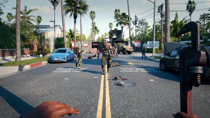 Screenshot showing Dead Island 2 player standing near zombies on road
