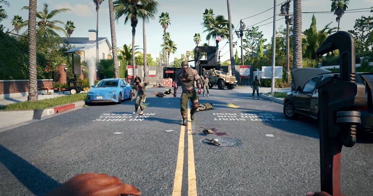 Screenshot showing Dead Island 2 player standing near zombies on road