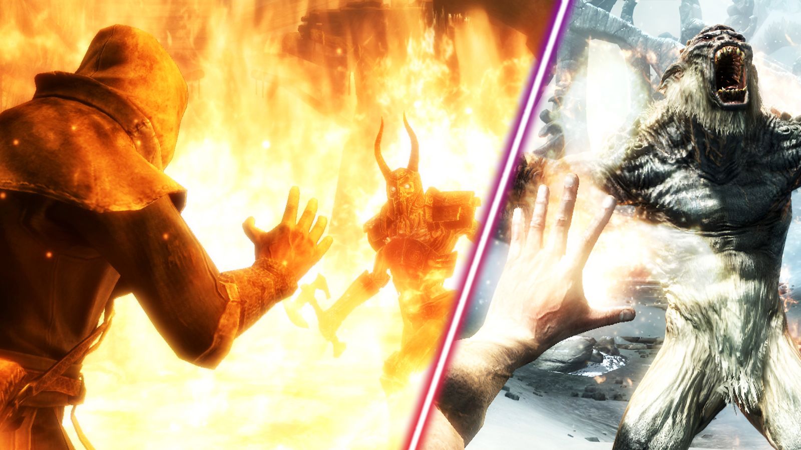 Skyrim's Dragonborn casting spells in third-person and first-person.