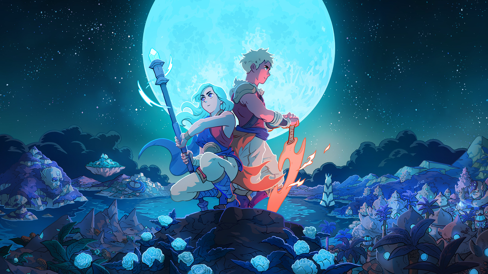 Key art of Sea of Stars, showing main characters Zale and Valere.