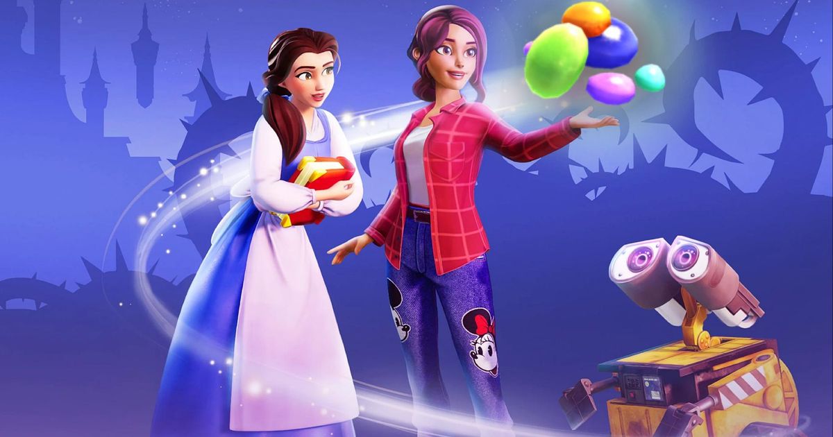 Disney Dreamlight Valley character holding oasis glass while Belle and Wall-E watch in awe
