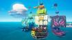 A group of ships in Sea of Thieves, each with colorful flags and vessel designs.