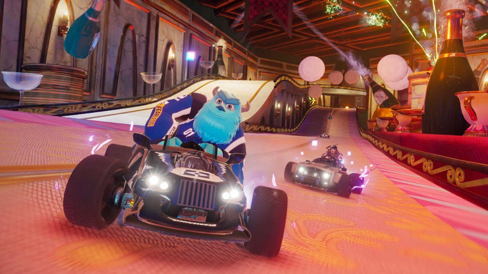 Sulley from Monsters, Inc. driving a kart in Disney Speedstorm.