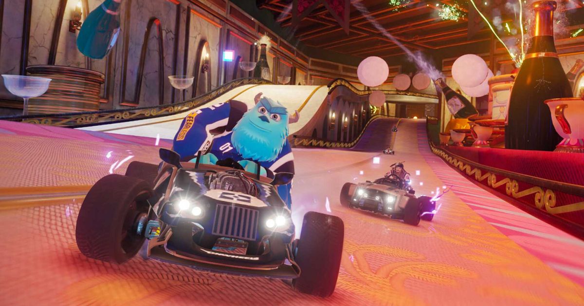 Sulley from Monsters, Inc. driving a kart in Disney Speedstorm.