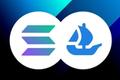 Solana logo merged with OpenSea logo, on blue background.