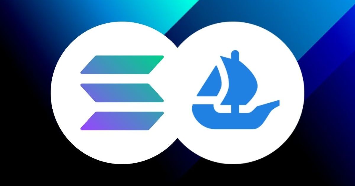 Solana logo merged with OpenSea logo, on blue background.