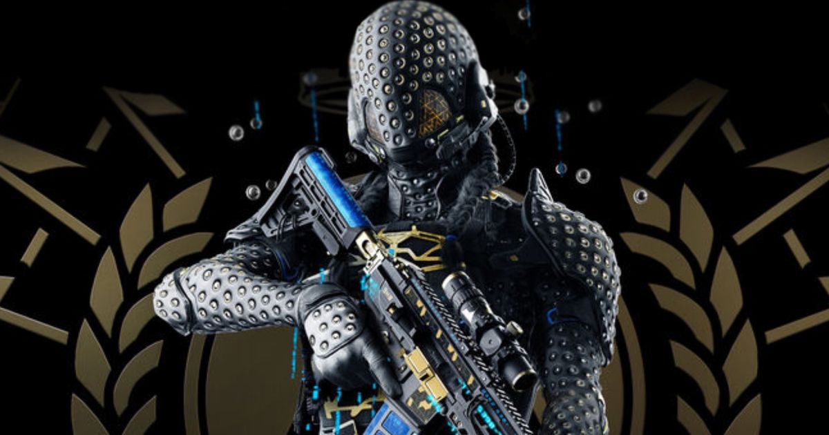 Stasis from Modern Warfare 3 and Warzone standing in a black and gold Blackcell background 