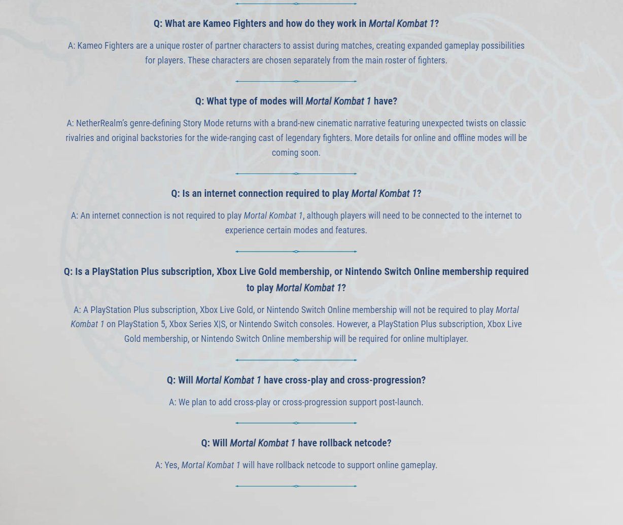 A screenshot of the FAQs for Mortal Kombat 1.