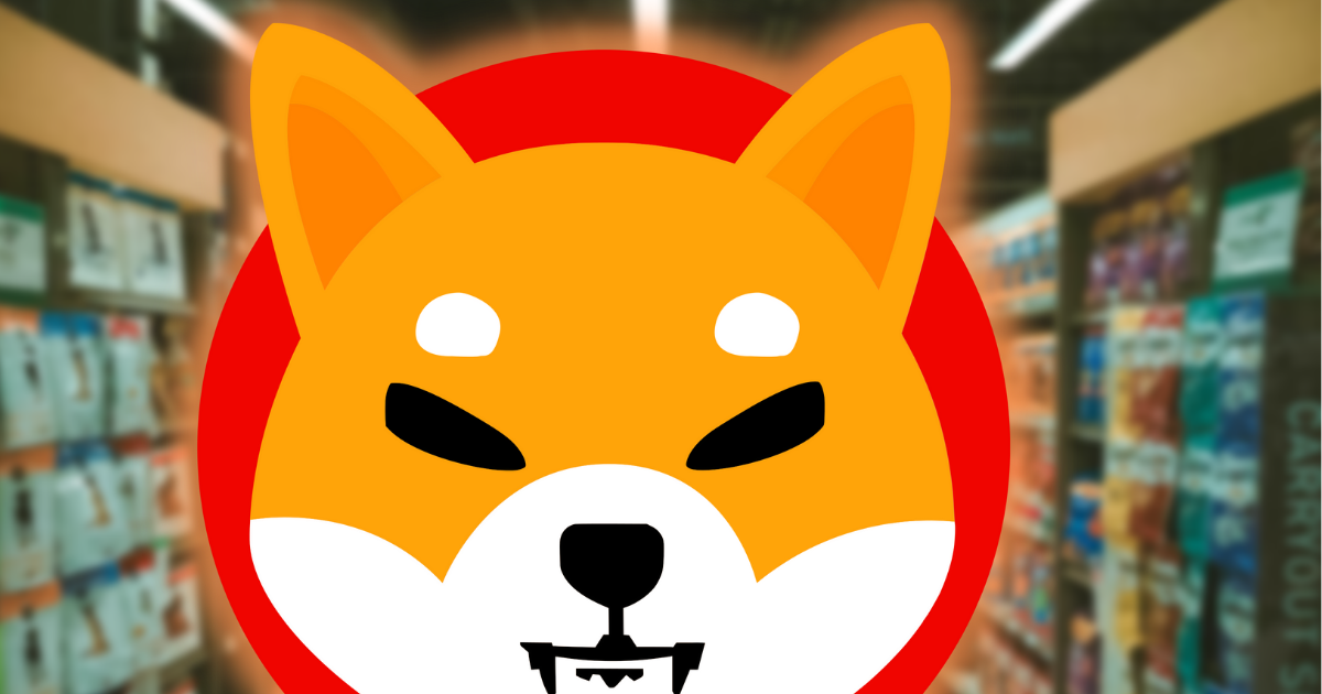 Shiba Inu logo in front of a blurred out supermarket.