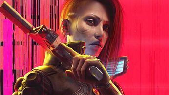 V from Cyberpunk 2077 Phanton Libtery posing with a handgun against a red background 