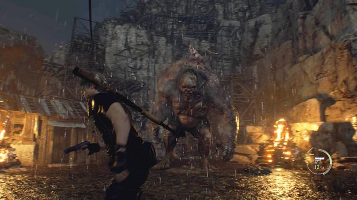 Leon running around El Gigante in Resident Evil 4 remake.