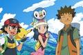 Ash with Brock and Dawn in the Pokemon anime.