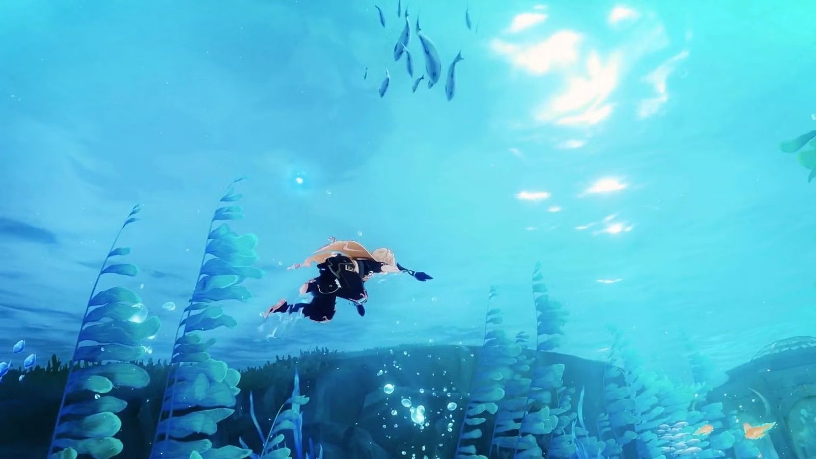 The player character swimming underwater in Genshin Impact.
