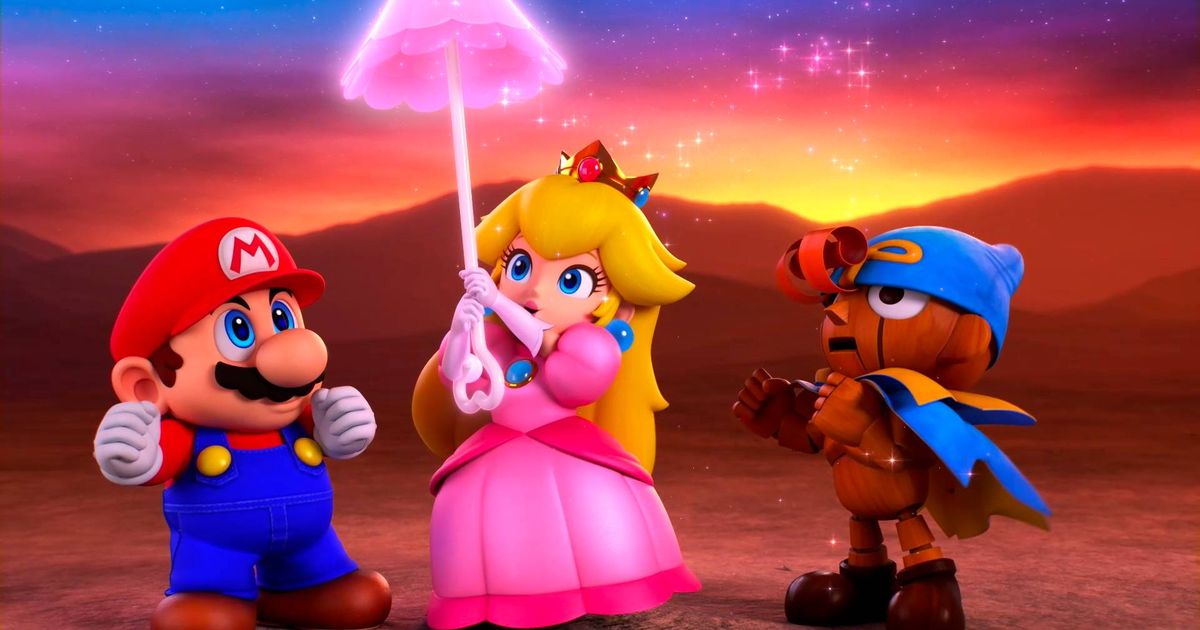 Mario, Peach, and a wooden character in Super Mario RPG.