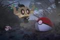 pokemon background with pokeball in dirt and phantump floating