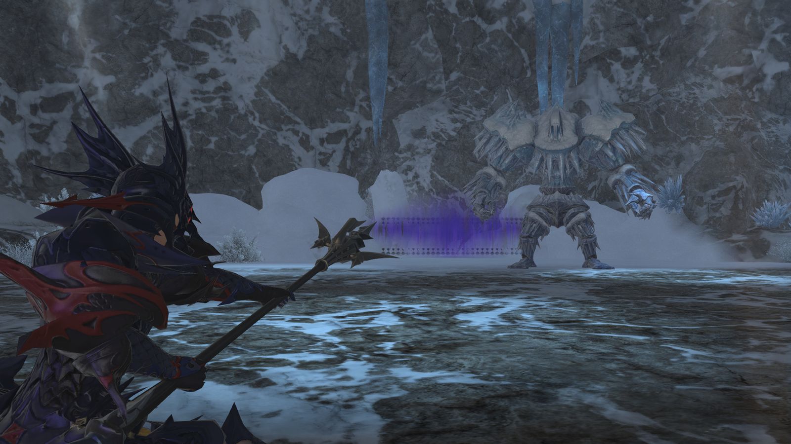 An image of a Dragoon from Final Fantasy XIV about to fight one of the bosses in the icy dungeon Snowcloak, one of the dungeons required for the Anima Weapon Heavensward relic weapon questline.