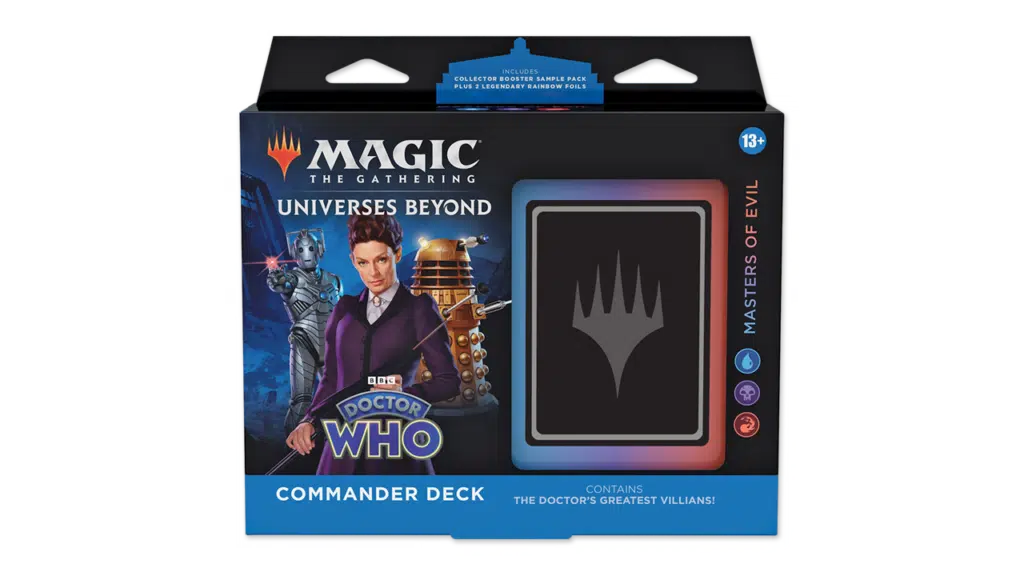 A picture of the physical box featuring Magic The Gathering Dr Who cards
