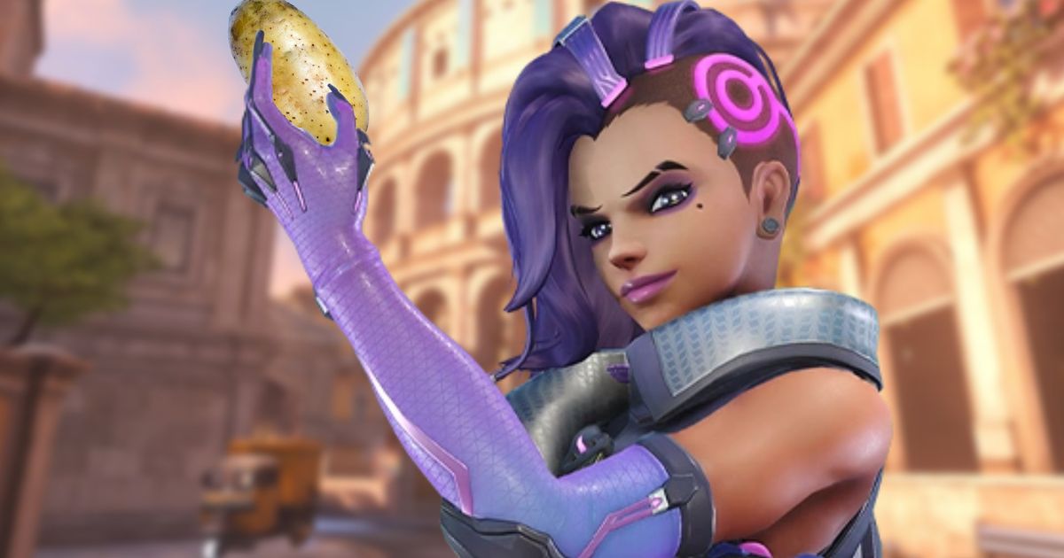 Sombra from Overwatch 2 holding a real potato 