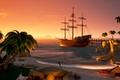 A large pirate ship from Sea of Thieves docked at a tropical island at sunset.