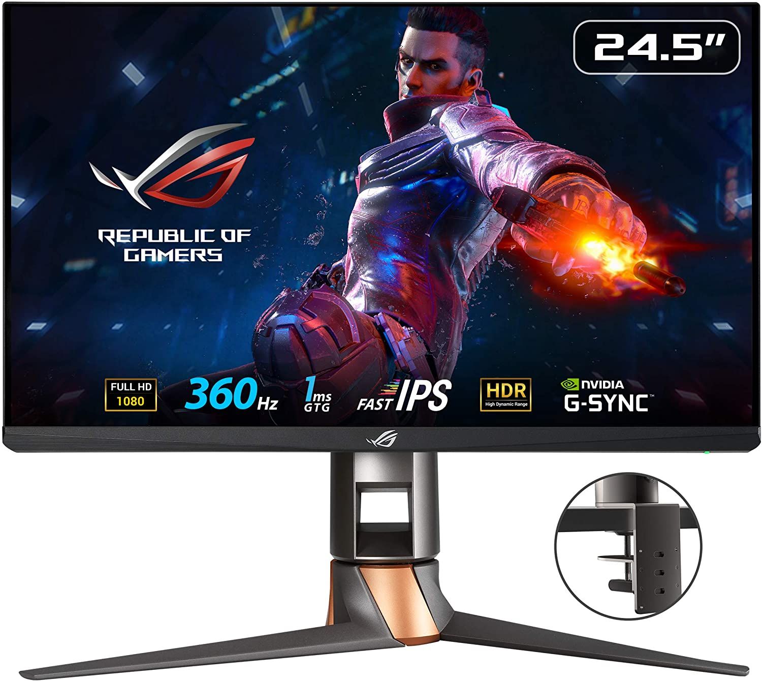 ASUS ROG Swift PG259QNR product image of a black monitor with bronze trim featuring a video game character with an orange-lit weapon in their hand on the display.