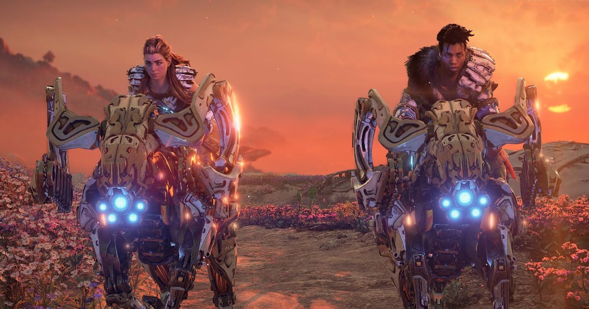 Two characters riding mechnical horses in Horizon Forbidden West.