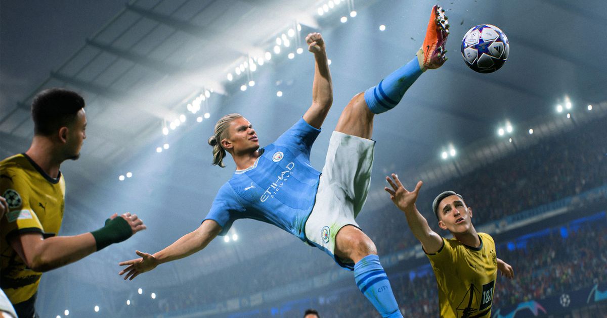 EA Sports FC 24 Erling Haaland stretching for ball with Borussia Dortmund player in background