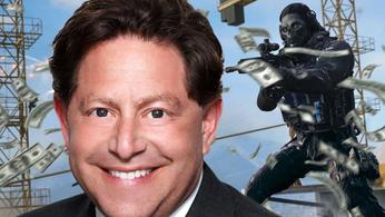 Activision Blizzard CEO Bobby Kotick on a Call of Duty background surrounded by money 