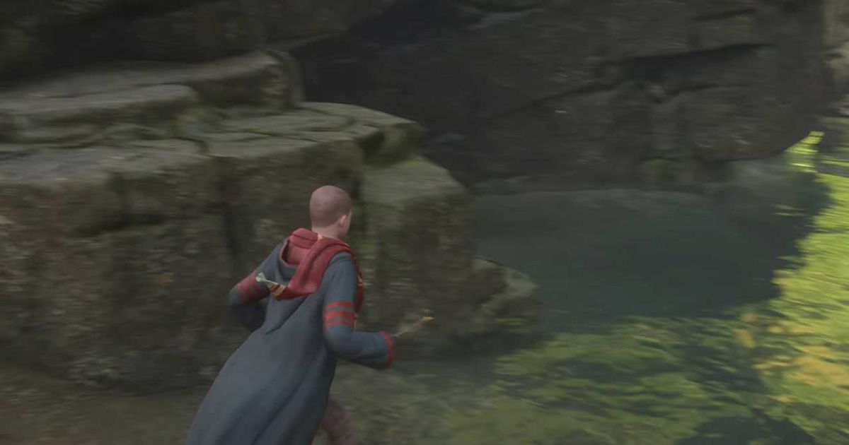 The player character getting ready to swim in Hogwarts Legacy.