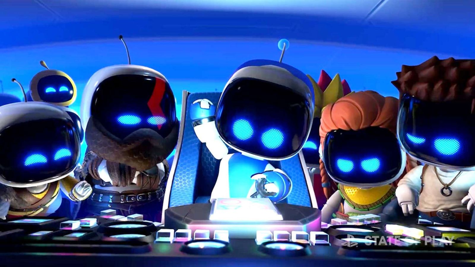A group of PlayStation robots are standing next to each other in Astro Bot