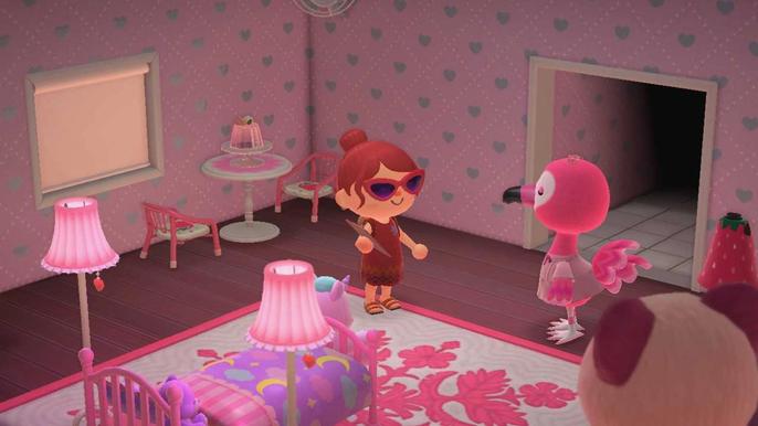 Animal Crossing New Horizons Happy Home Paradise. The player and Flora the flamingo are in Flora's completed all-pink house.