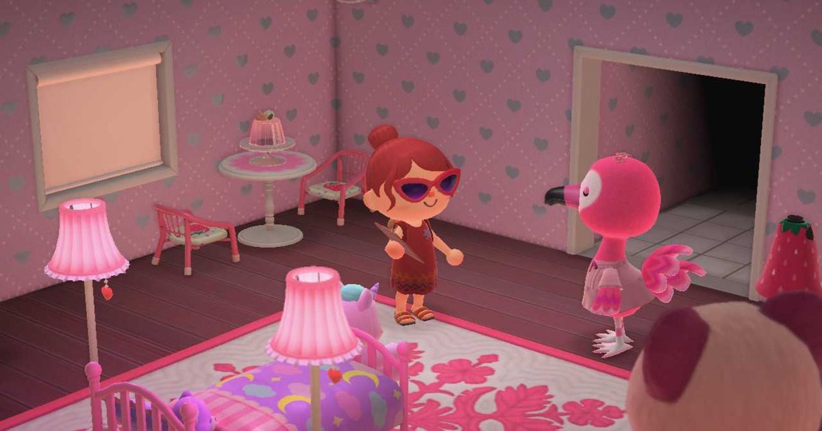 Animal Crossing New Horizons Happy Home Paradise. The player and Flora the flamingo are in Flora's completed all-pink house.