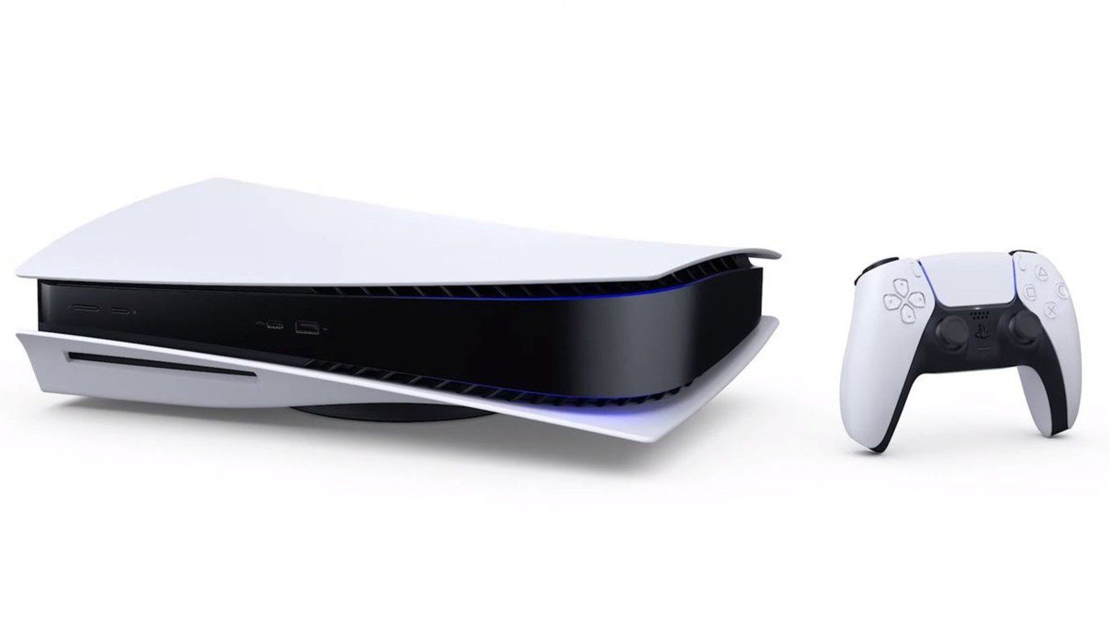 A white and black PS5 next to a PS5 controller.