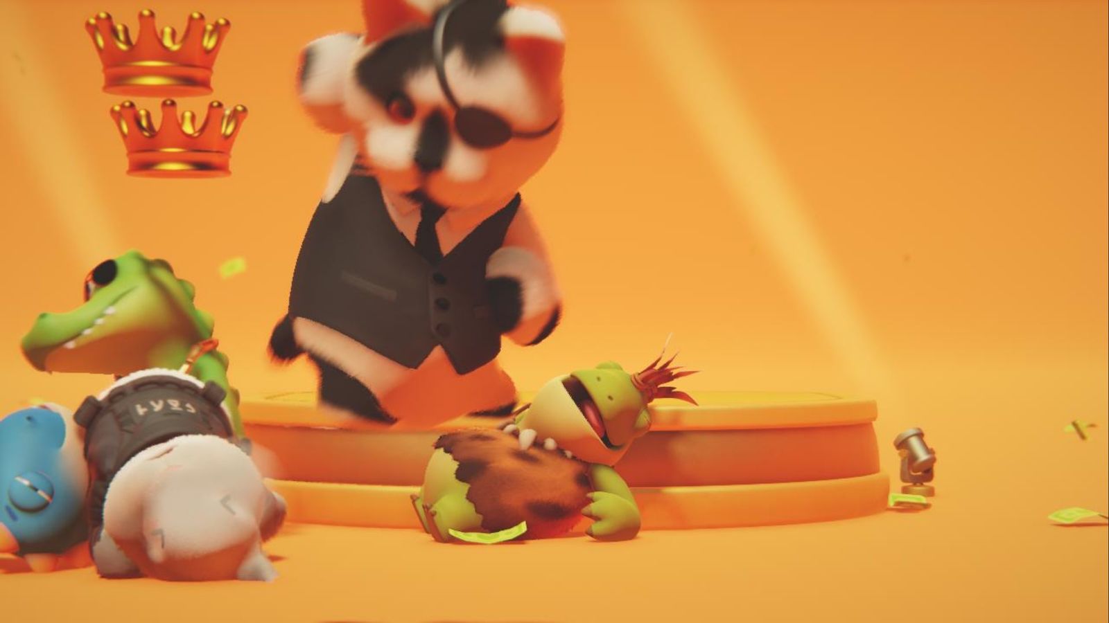 Party Animals characters unconscious in a pile while another jumps towards the camera