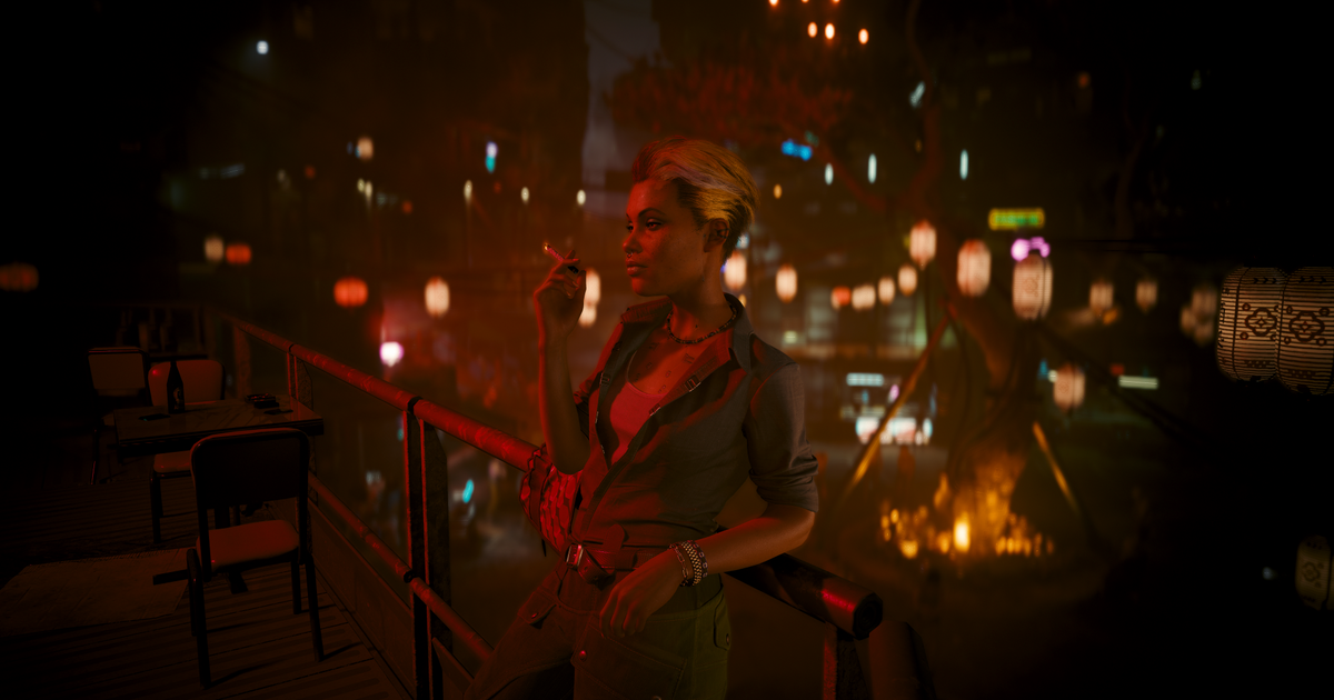 A woman smokes a cigarette while leaning backwards on a railing, in Cyberpunk 2077 Phantom Liberty