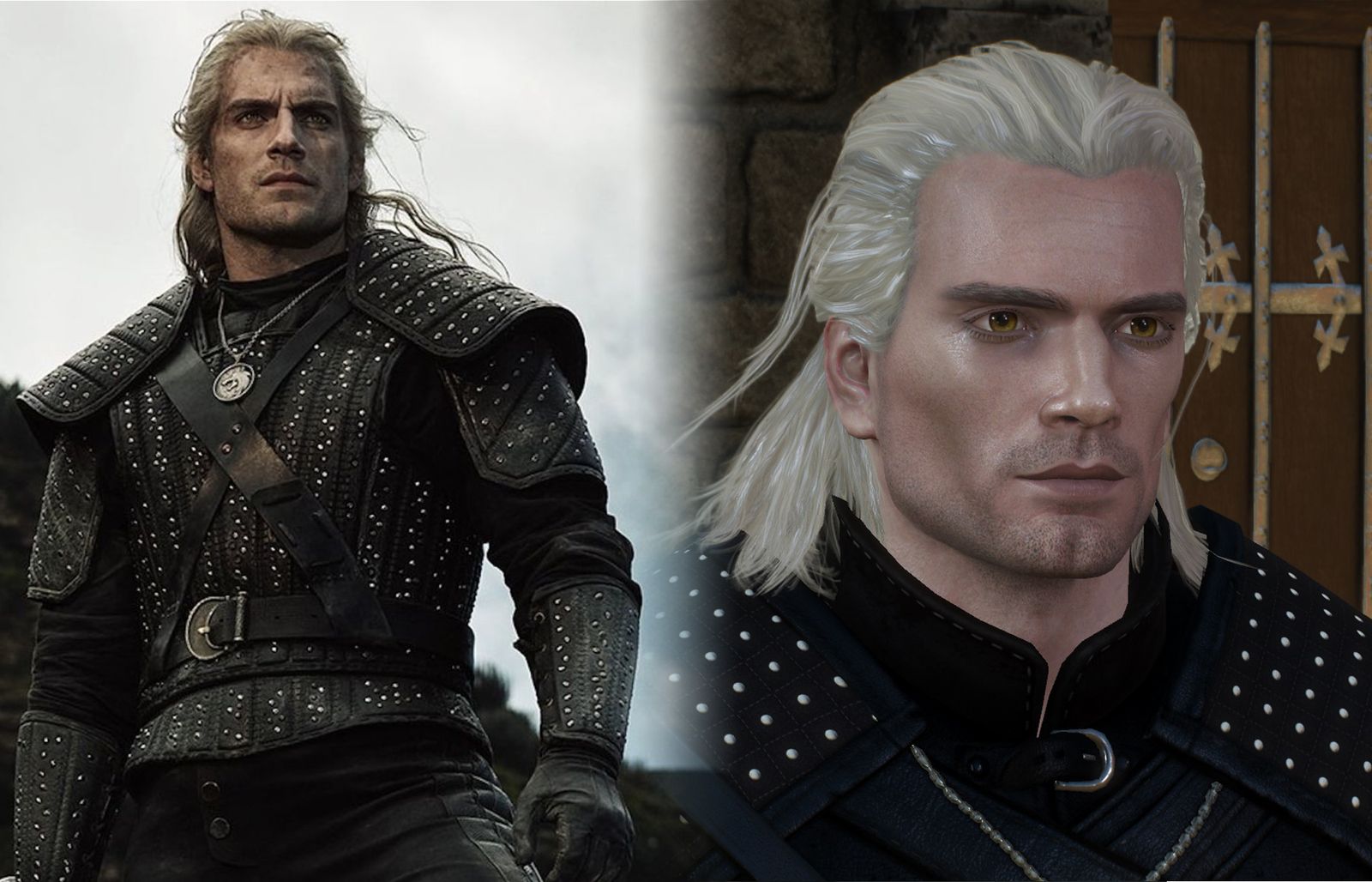 The beautiful and handsome Henry Cavill next to a mod that accurately represents his face in The Witcher 3.