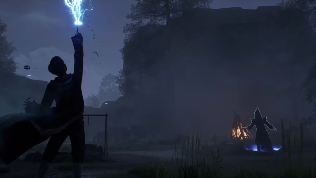 The player character casting a spell upwards in Hogwarts Legacy.