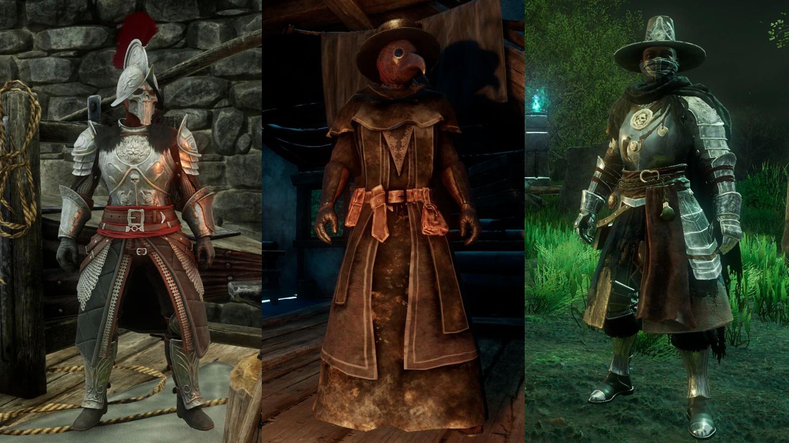 Three characters of different factions standing in seperate sections