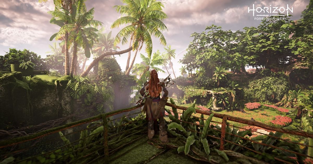 Horizon Forbidden West Aloy stood on top of a rusted ruin platform, looking out at the Jungle