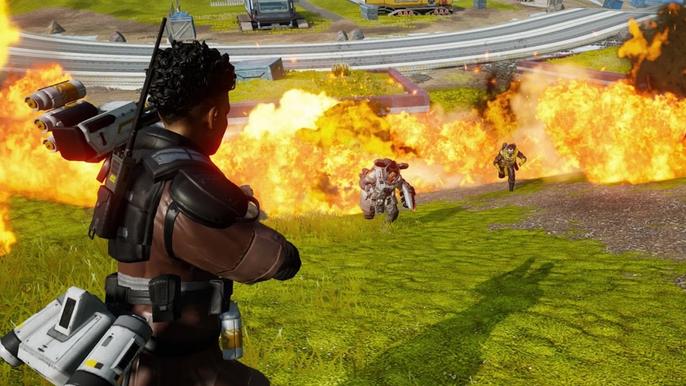 Screenshot from Apex Legends Mobile, with the player facing explosions down a hill
