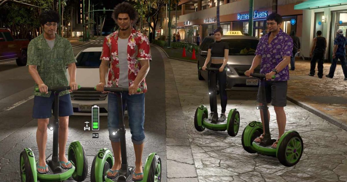 Like a Dragon: Infinite Wealth characters riding a segway