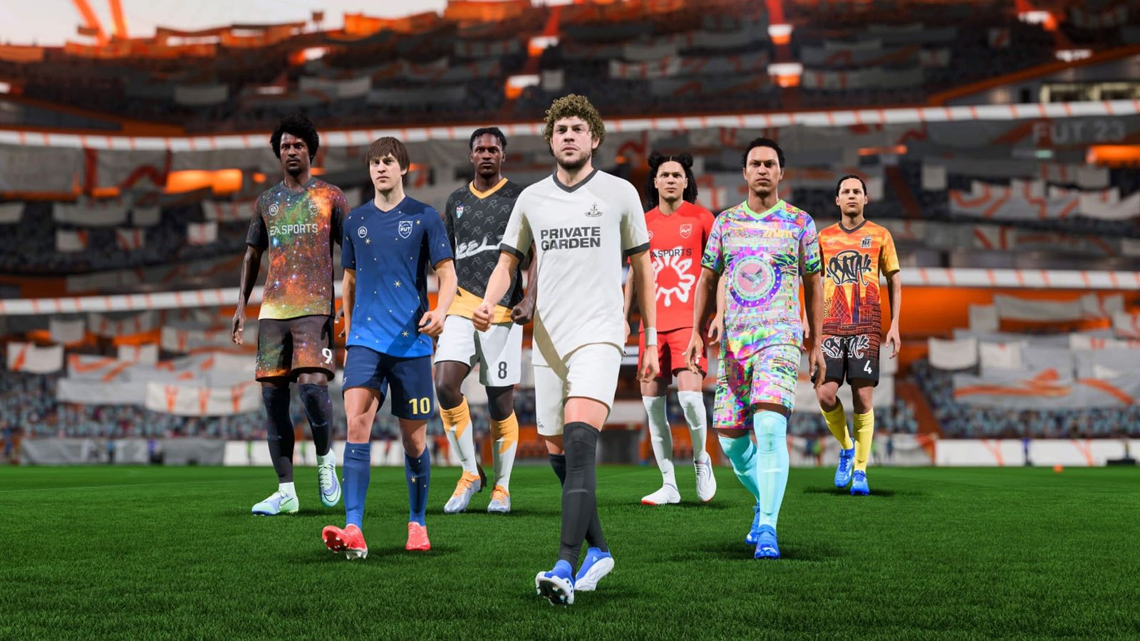 EA Sports FC 24 players walking onto pitch wearing various football kits