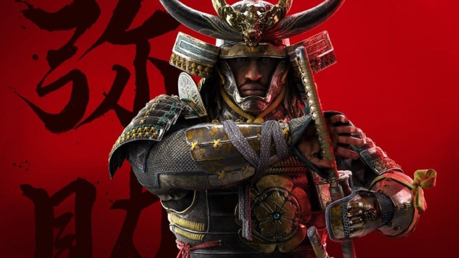 Assassin’s Creed Shadows protagonist Yasuke, a black samurai, standing in front of a red background with painted Japanese characters 