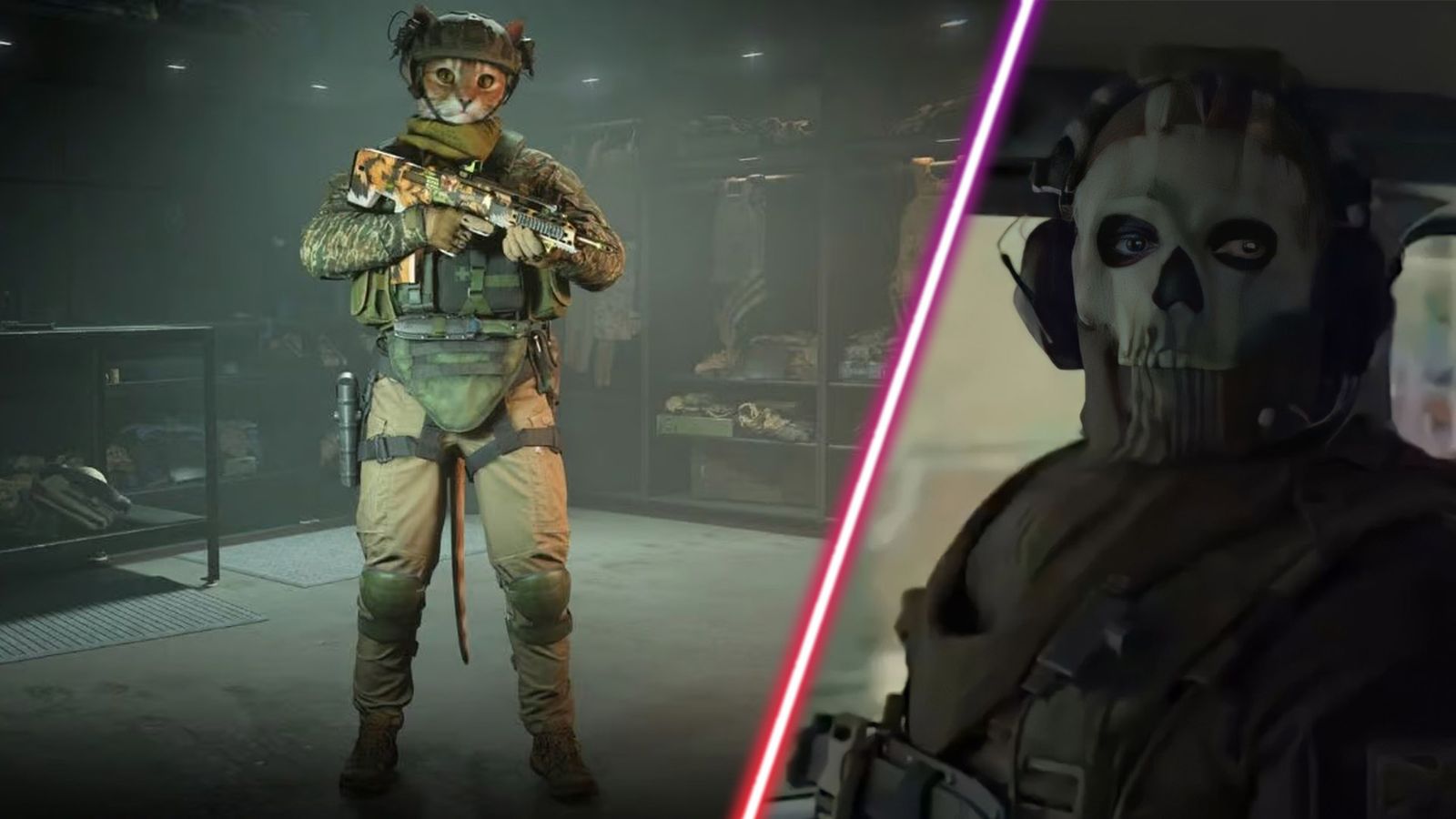 Screenshot of Call of Duty cat skin holding gun and Ghost staring 