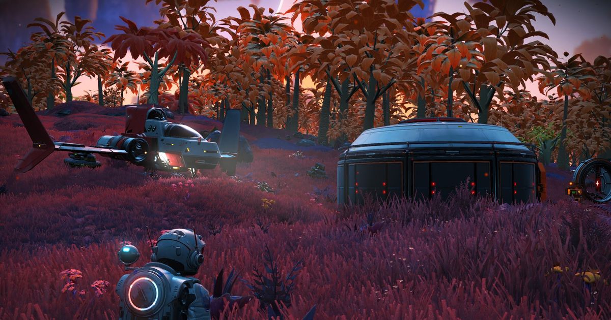 A player looks toward their base and Starship on a tropical planet in No Man's Sky.
