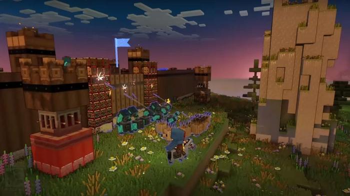 Minecraft Legends gameplay showing one team attacking the base of another team.