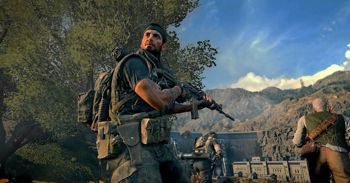 Call of Duty player holding assault rifle with teammates and dam in background