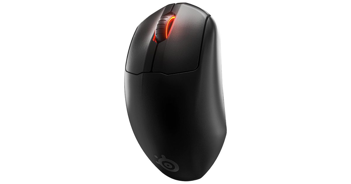 SteelSeries Prime Esports product image of a black wireless mouse with a red light around the scroll wheel.