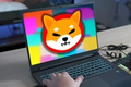 Shiba Inu Logo on a Gaming Laptop with someone playing a game.