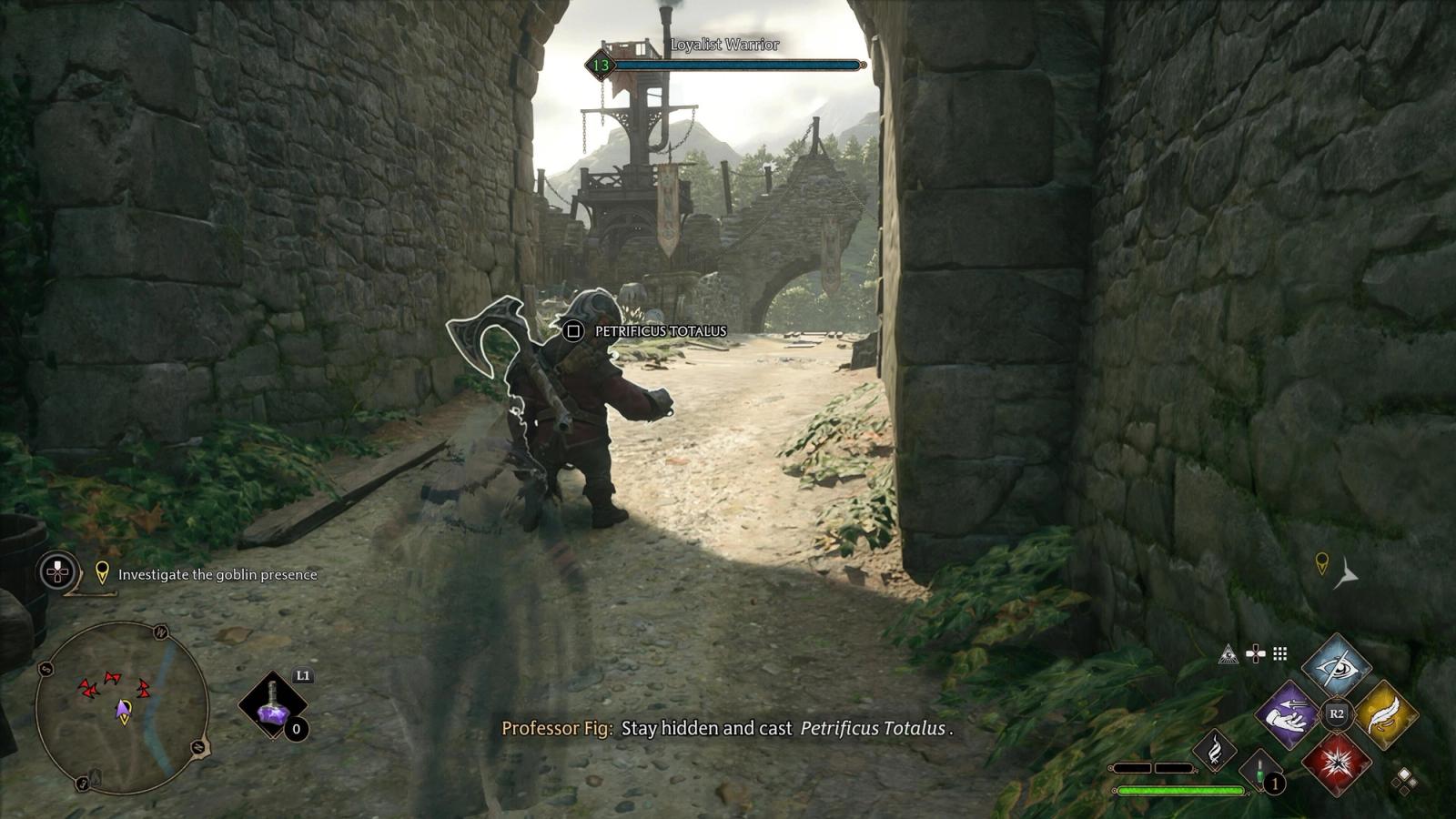 A screenshot of a player attempting a stealth kill in Hogwarts Legacy.