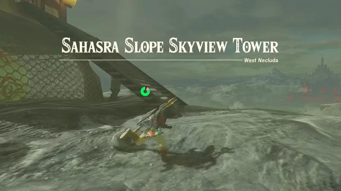 A screenshot of  Link at the Sahasra Slope Skyview Tower in Zelda Tears of the Kingdom. 